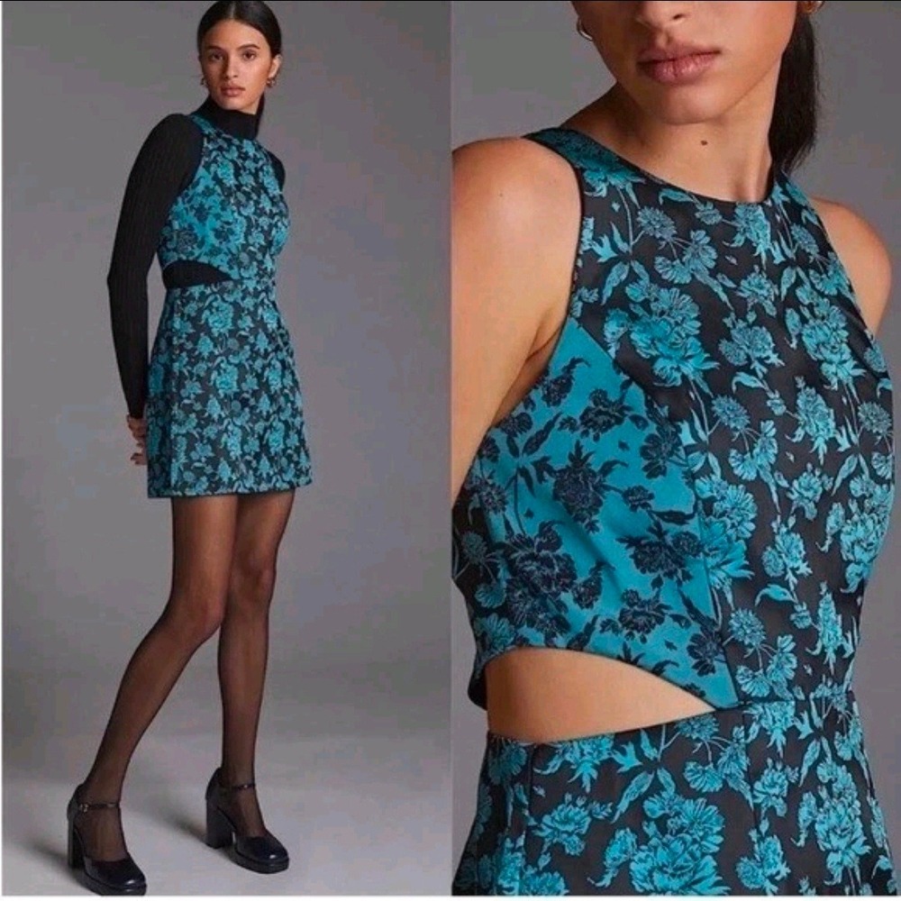 Anthropologie Hutch Floral Jacquard Cutout Mini Dress Teal Black Size 8